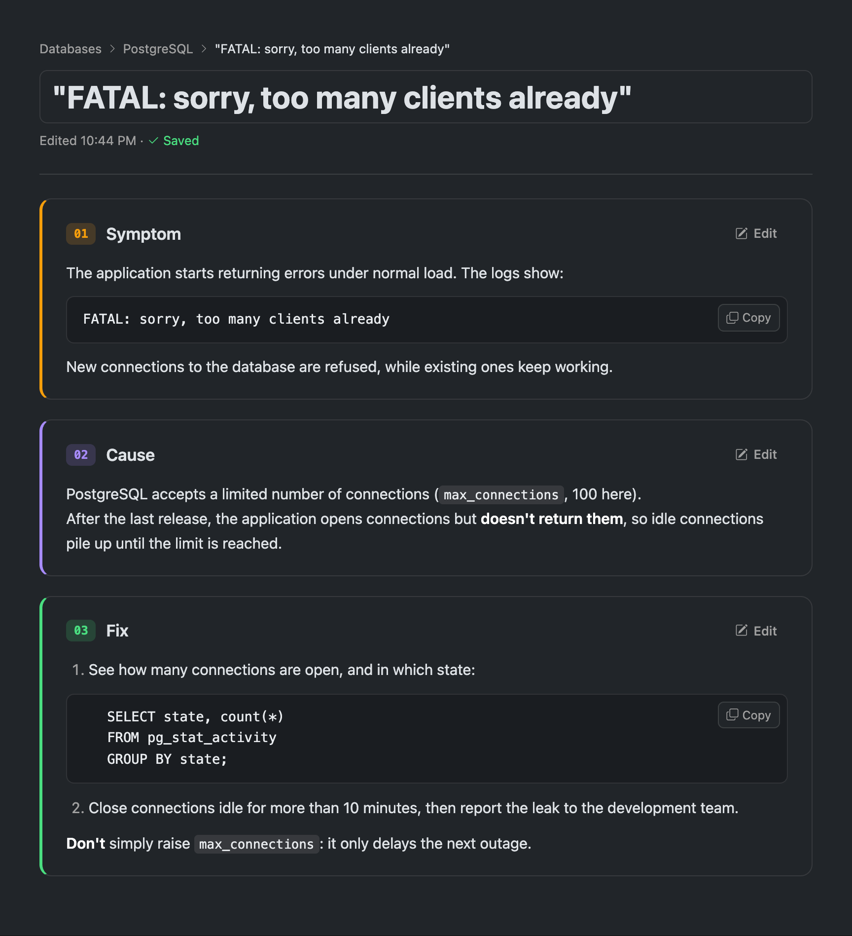 An issue written in the Symptom, Cause, Fix format